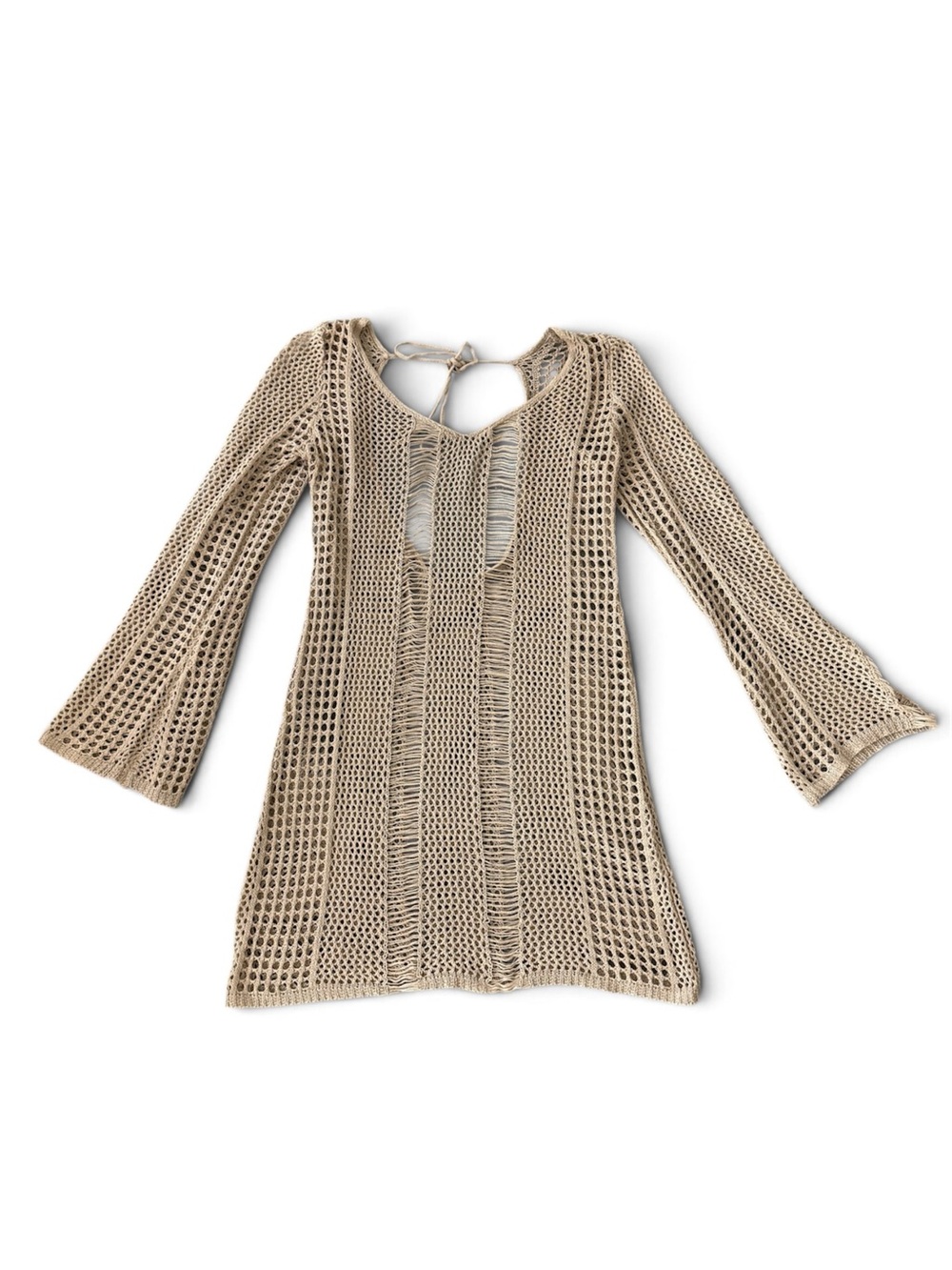 Beige Crochet Open Knit Beach Cover Up Mini Dress Bell Sleeve Boho Y2K Size S